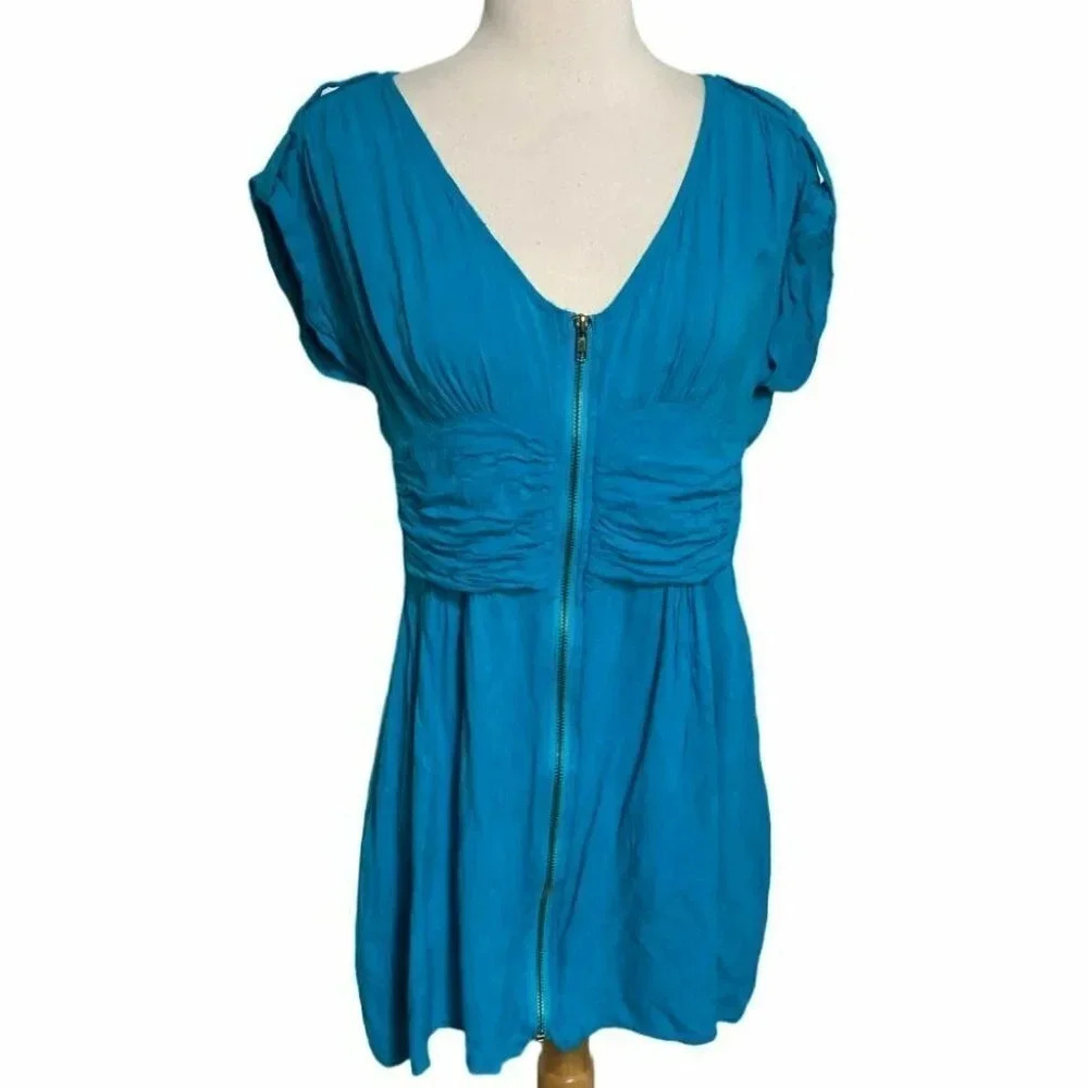 Paper Doll LA S turquoise front zip v-neck short sleeve dress